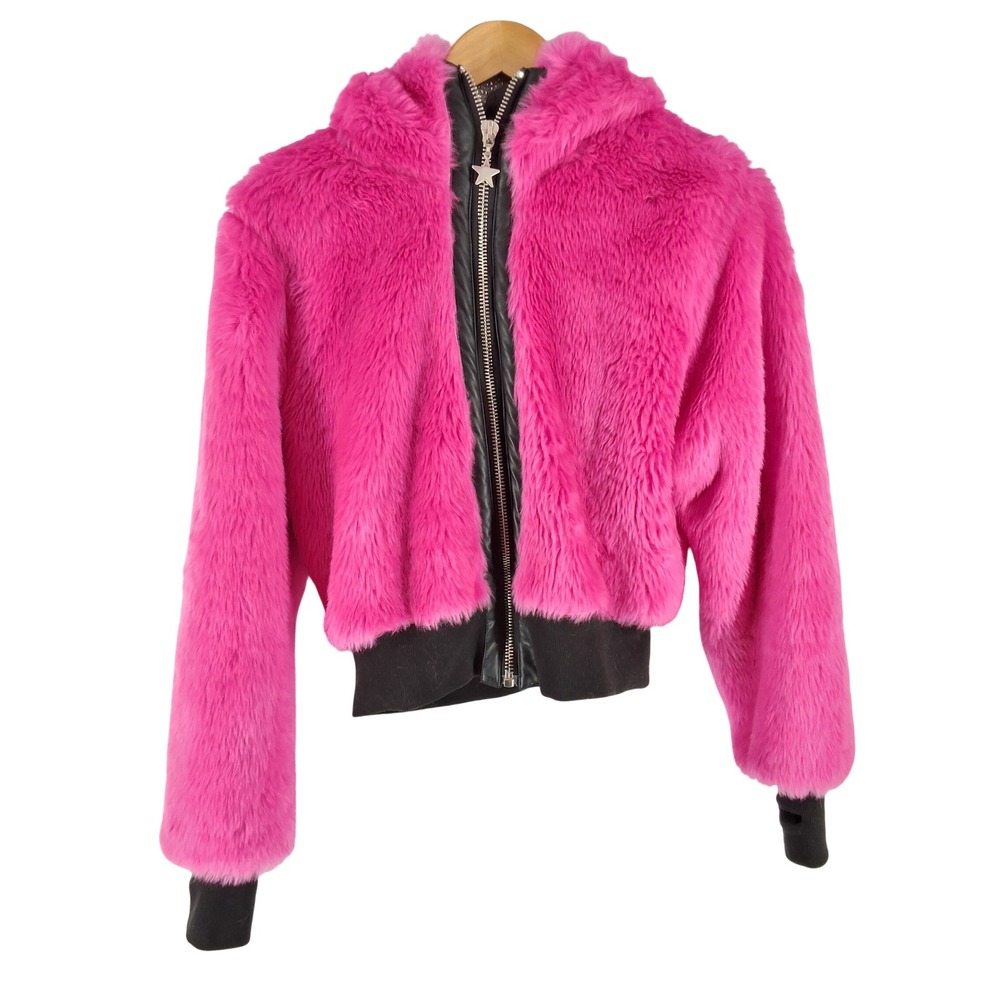 Club Exx Dolls Kill Pink Faux Fur Hooded Cropped Bomber Jacket Star Zipper XS